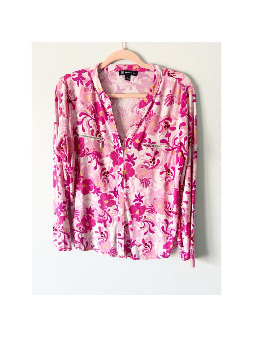 INC International Concepts Pink Retro Floral Print Long Sleeve Top Medium